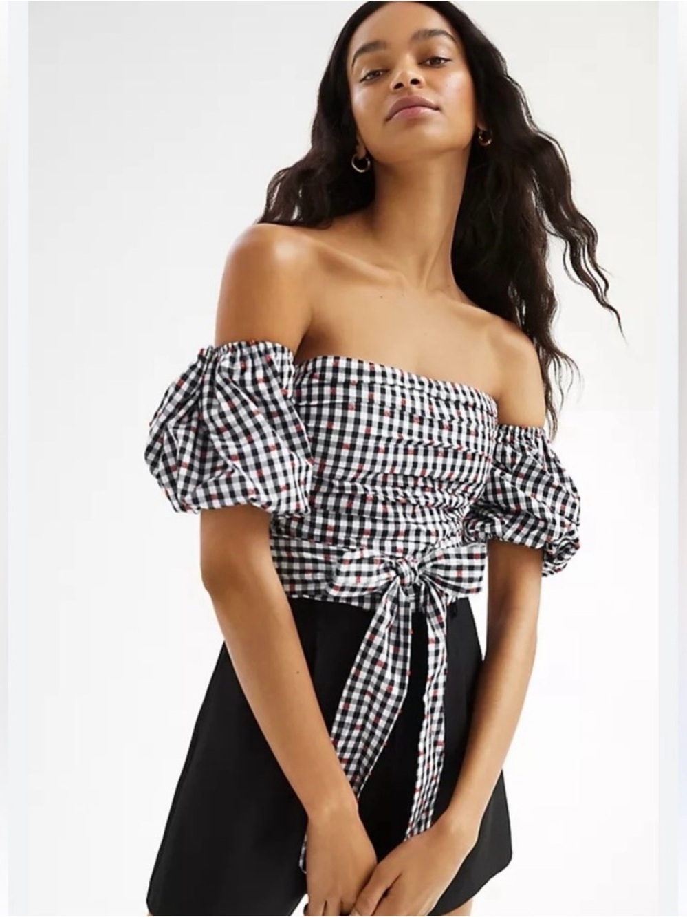 Anthropologie Black White Red Gingham Off-Shoulder Tie-Front Crop Top